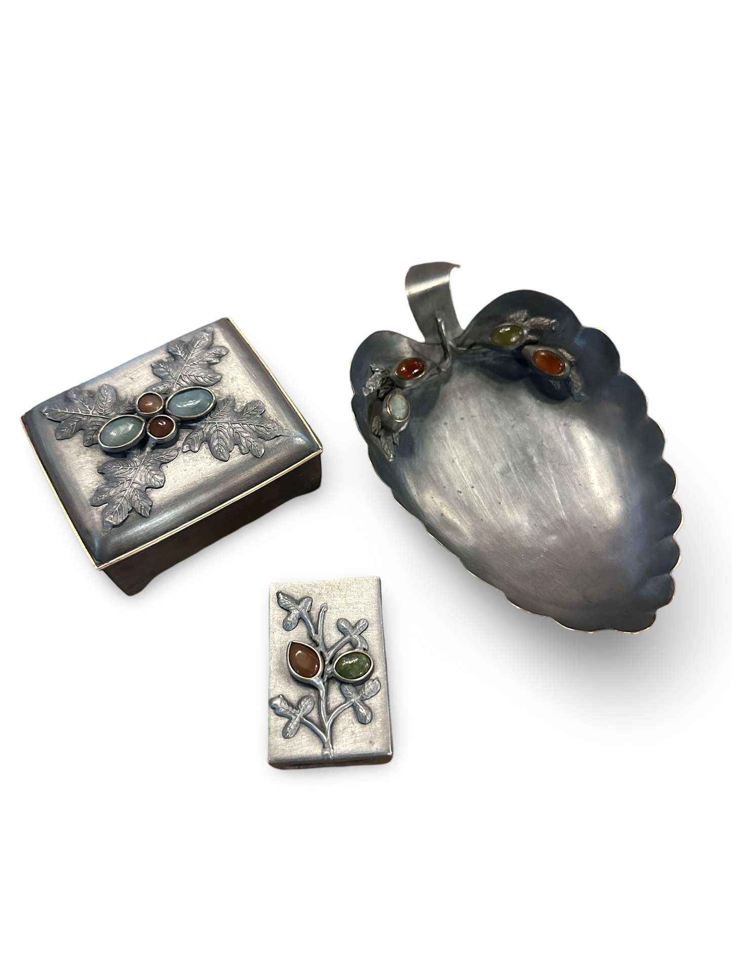 Chinese Pewter, Jade, & Carnelian Smoking Set