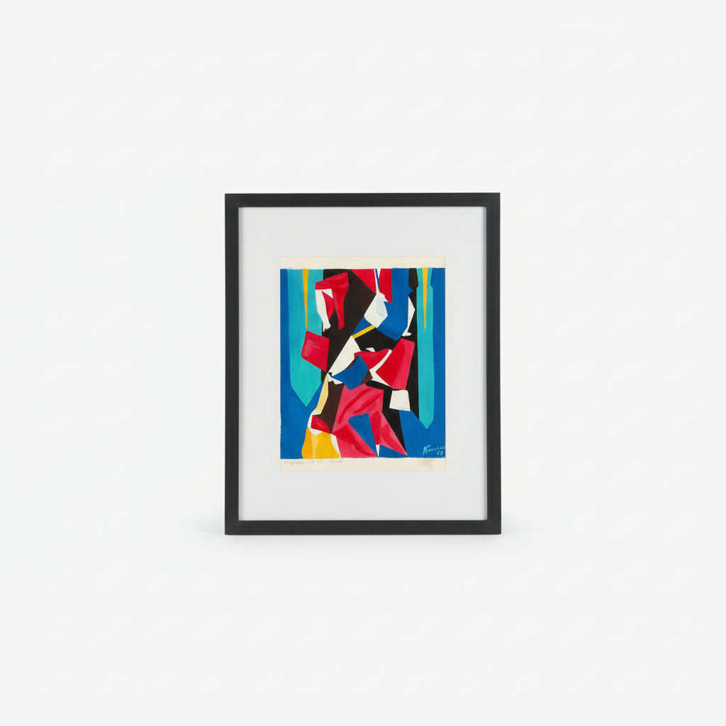 Framed abstract artwork with colorful geometric design on a dark surface.