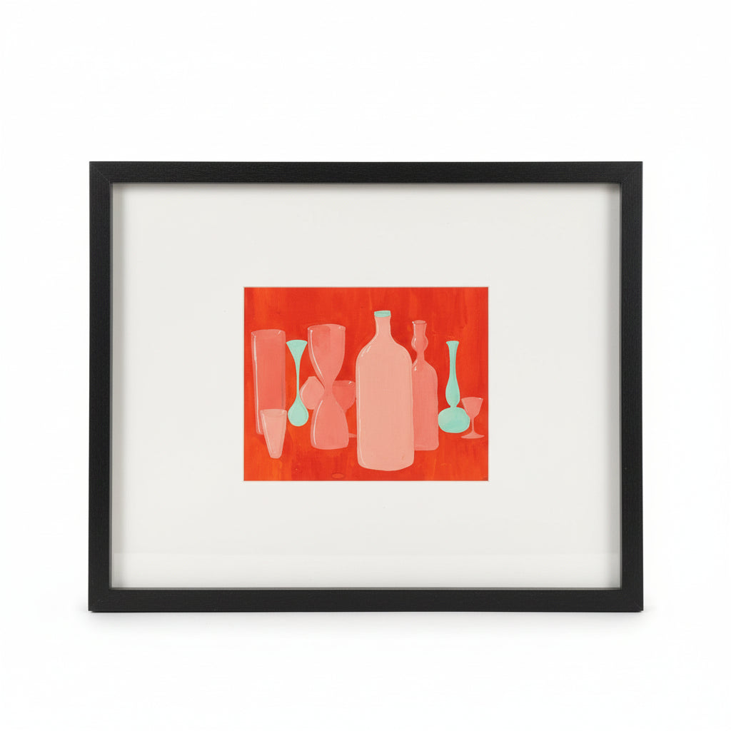 Framed artwork with abstract design of bottles on an orange background