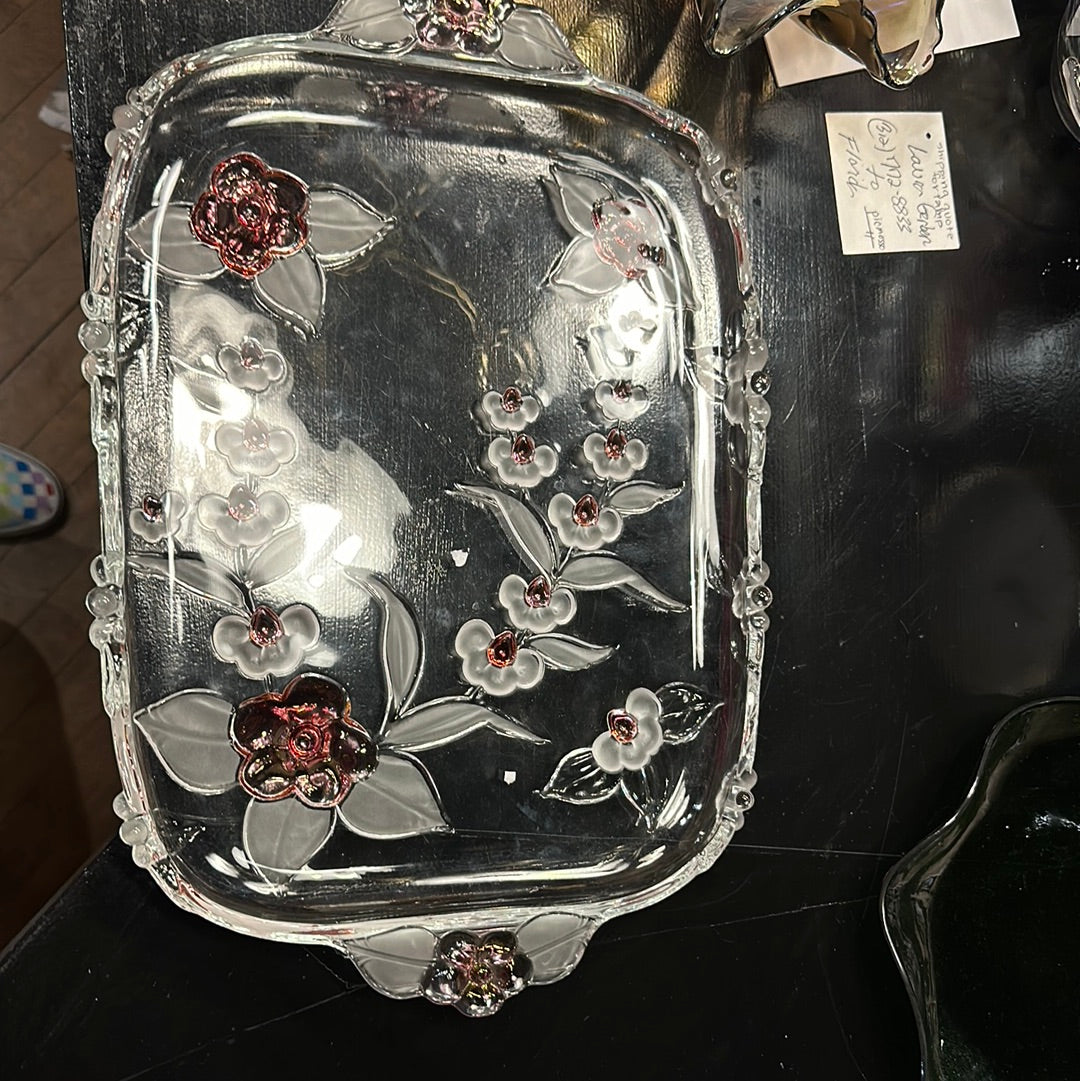 Vintage Glass Pink Flower Tray