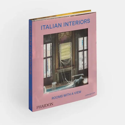 Cover of Italian Interiors: Rooms With A View book by Phaidon, featuring a stylish interior room with large windows and scenic views.