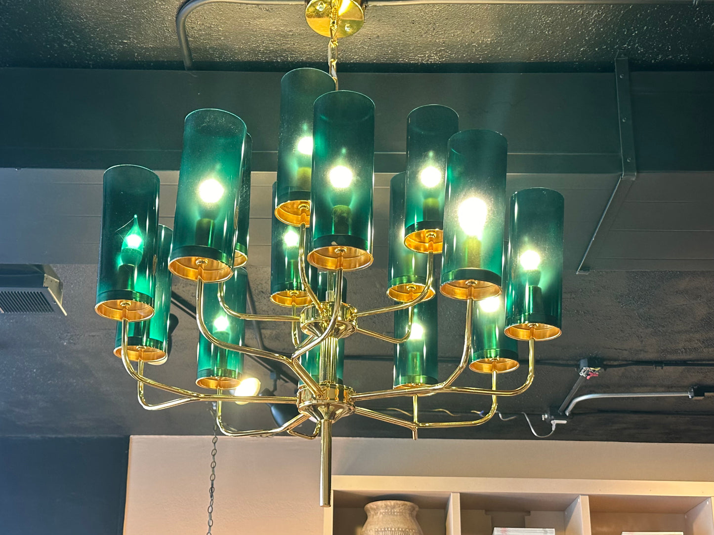 Teal and Gold Glass Chandelier