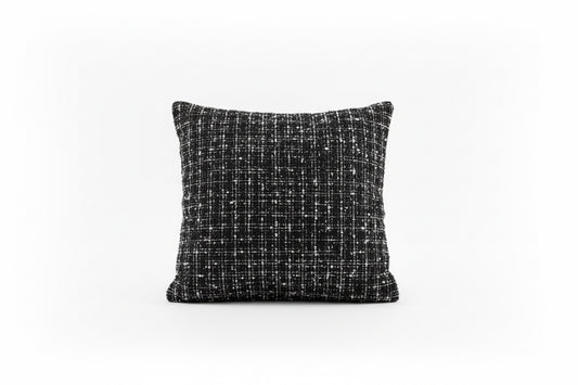 Black tweed sparkle pillow by The Vault Creative featuring candy-inspired black and silver glitter accents.