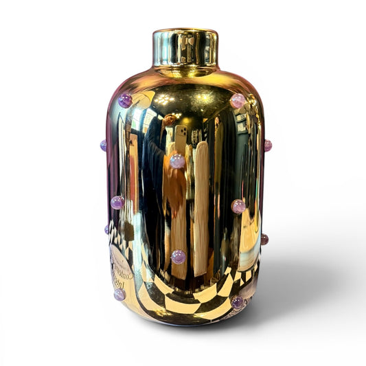 P. Grunsfeld gold amethyst glass vase by The Vault Creative, featuring a sleek design with rich purple and gold accents.