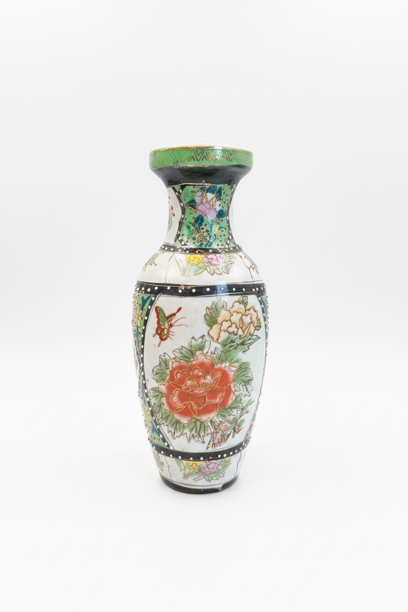 Decorative vase with floral and butterfly design on a white background
