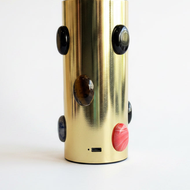 P. Grunsfeld Stoner Brass Wireless Lamp by The Vault Creative, showcasing a modern brass wireless table lamp with sleek design.
