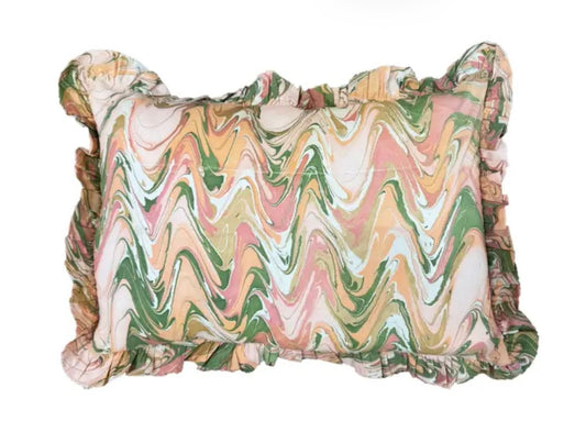 Peony Bloom Ruffled Hand-Marbled Pillow