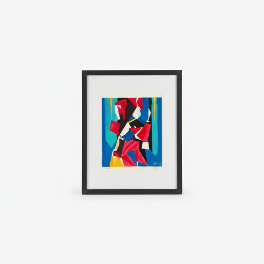 Framed abstract artwork with colorful geometric design on a dark surface.