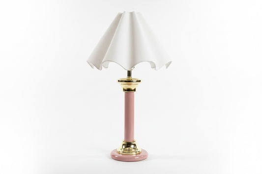Vintage enamel lamp with scalloped shade from The Vault Creative, featuring a classic design and decorative detailing.