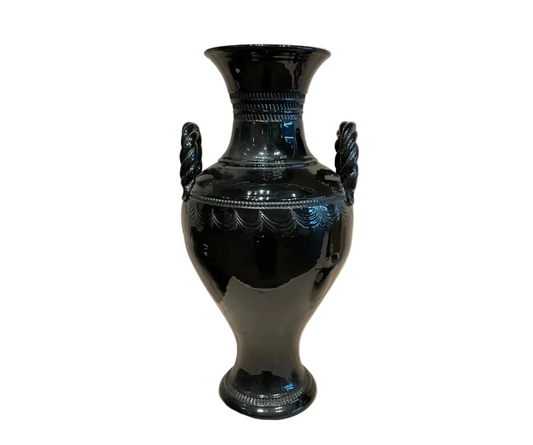 Black Ceramic decorative vase with rope handles on a white background