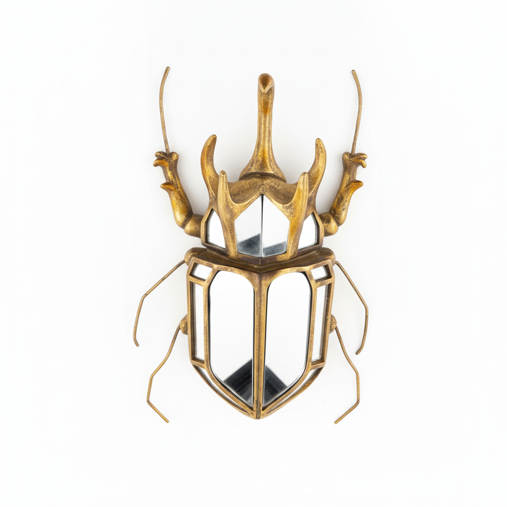 Decorative wall mirror shaped like a beetle on a white background
