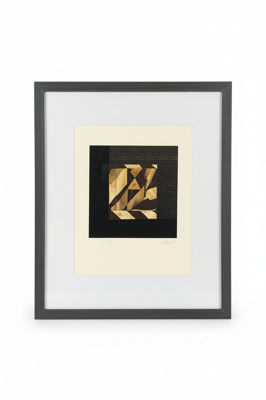 Framed artwork with geometric design on a dark background