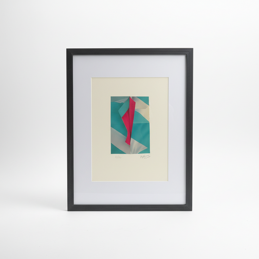 Framed abstract artwork with geometric design on a white background