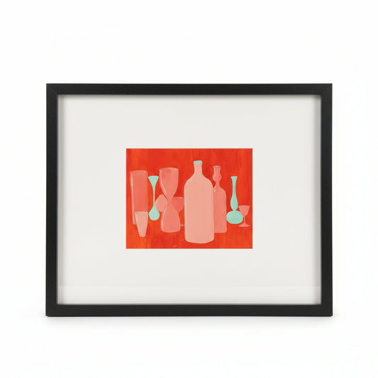 Framed artwork with abstract design of bottles on an orange background