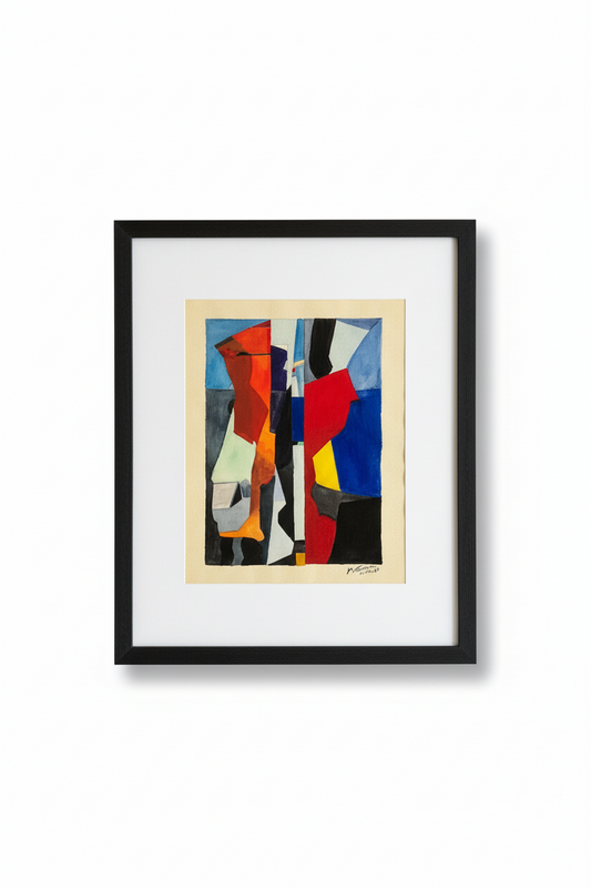 Framed abstract artwork with colorful geometric shapes on a white background