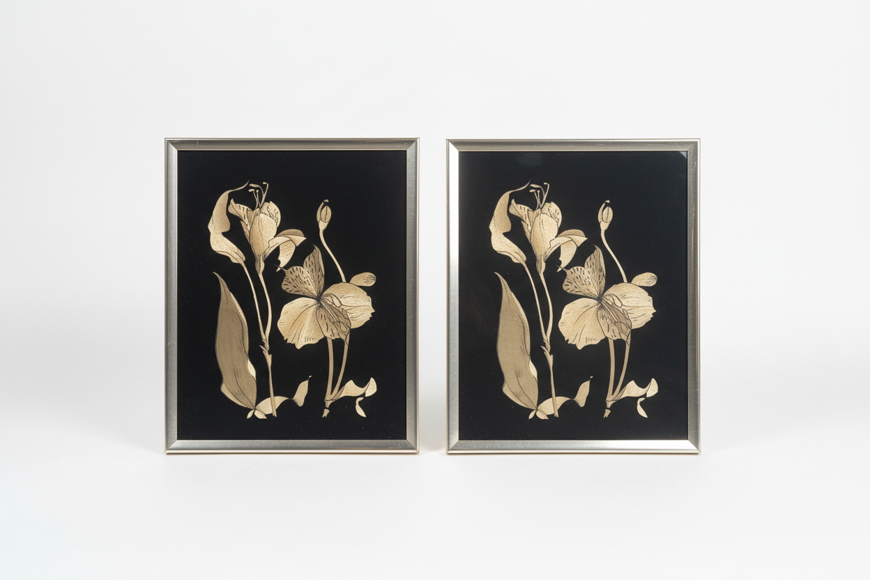 Two framed botanical prints of flowers on a white background
