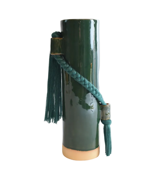 Karen Tinney Green Vase cylindrical container with a braided handle 