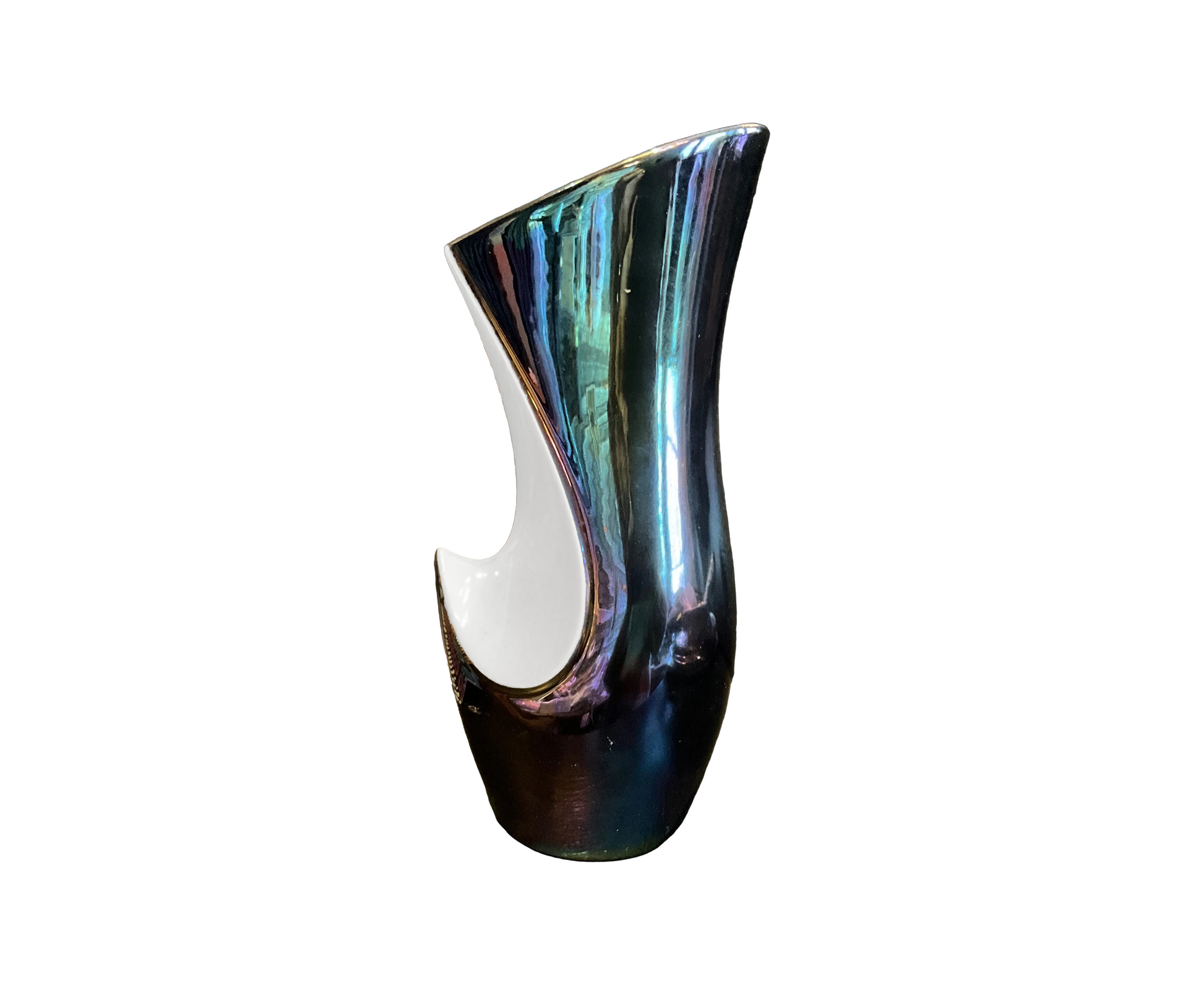 Decorative metallic glassed vase with a wavy design on a white background