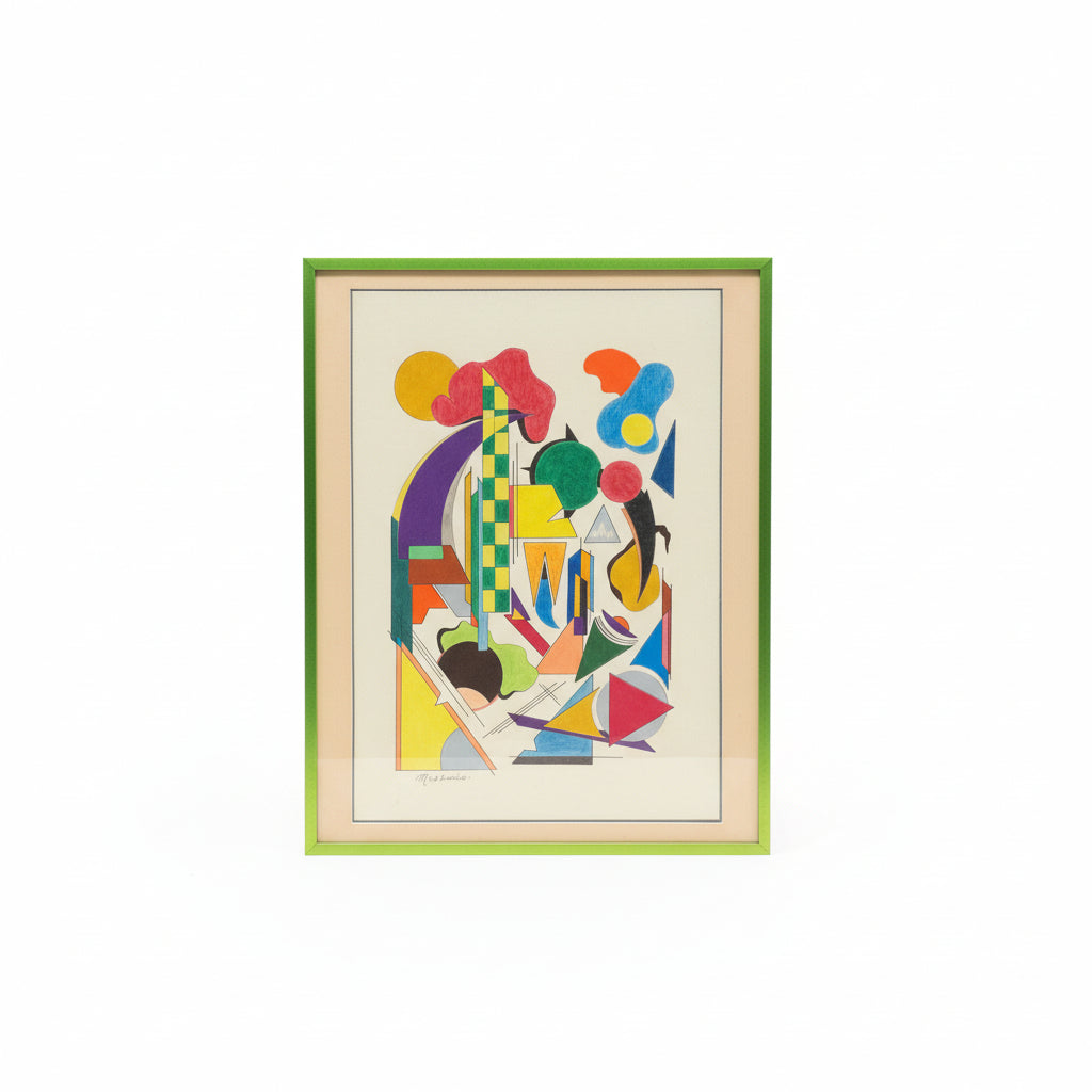 Framed abstract artwork with colorful geometric shapes on a white background