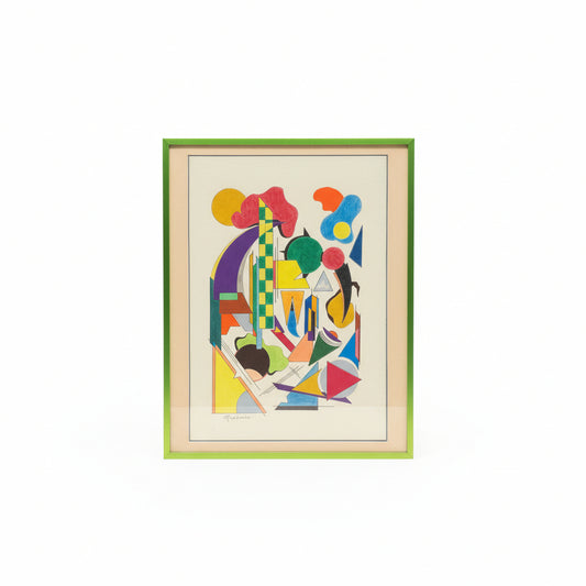Framed abstract artwork with colorful geometric shapes on a white background