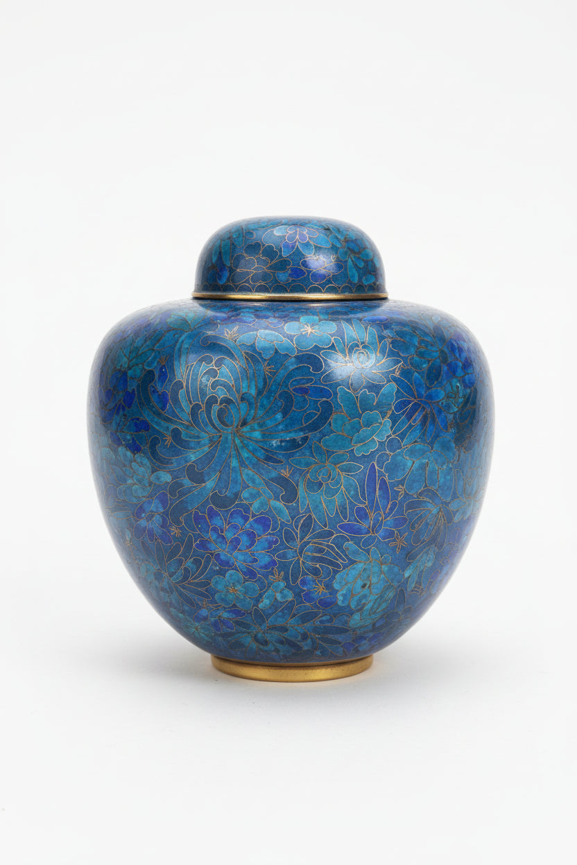 Blue ceramic jar with intricate patterns