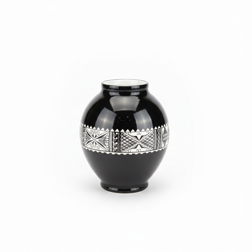 Black vase with silver geometric patterns on a white background