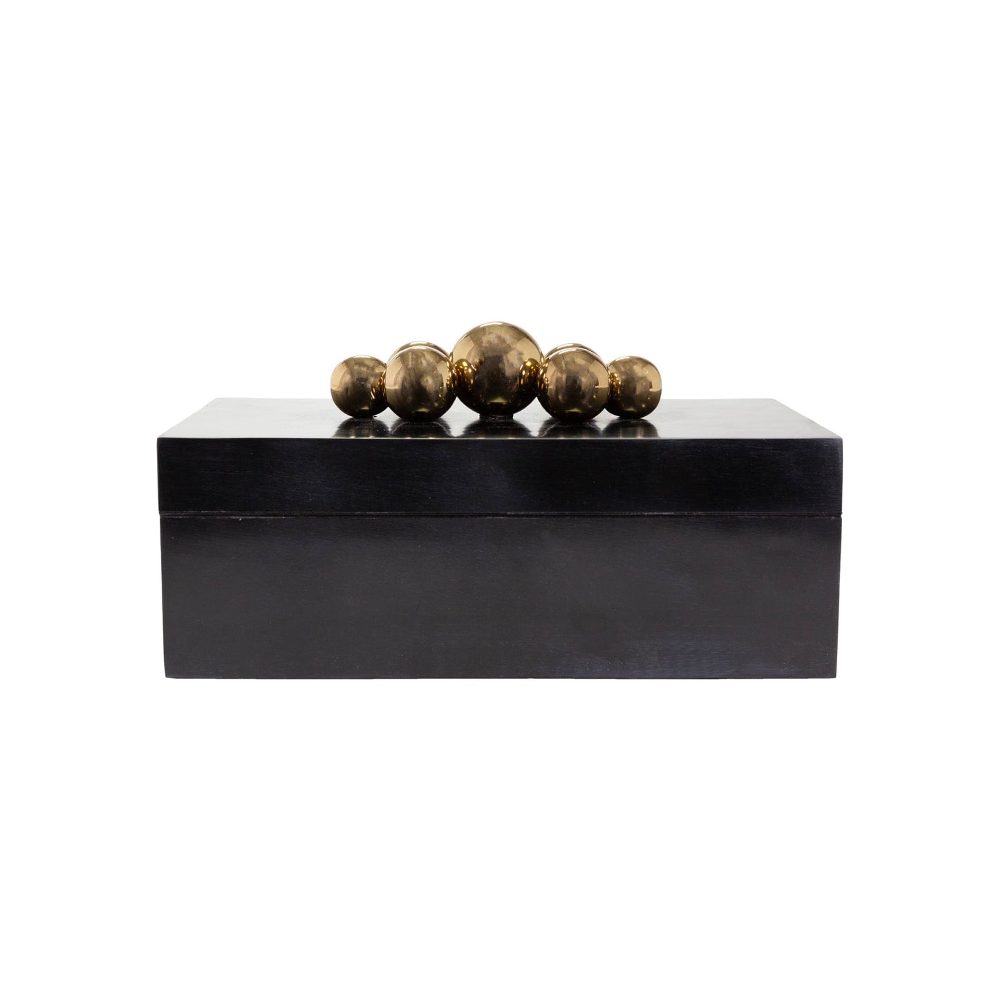 Black rectangular box with gold spherical decorations on a white background