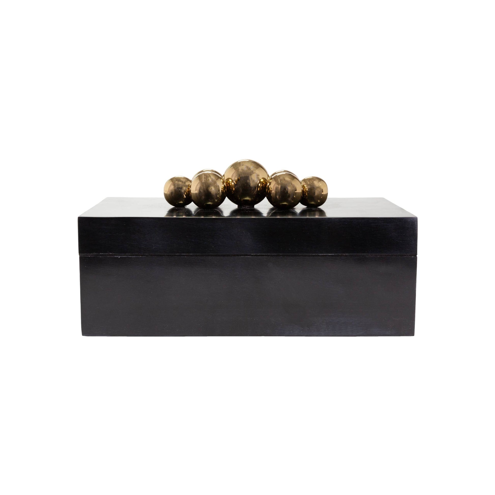 Black rectangular box with gold spherical decorations on a white background