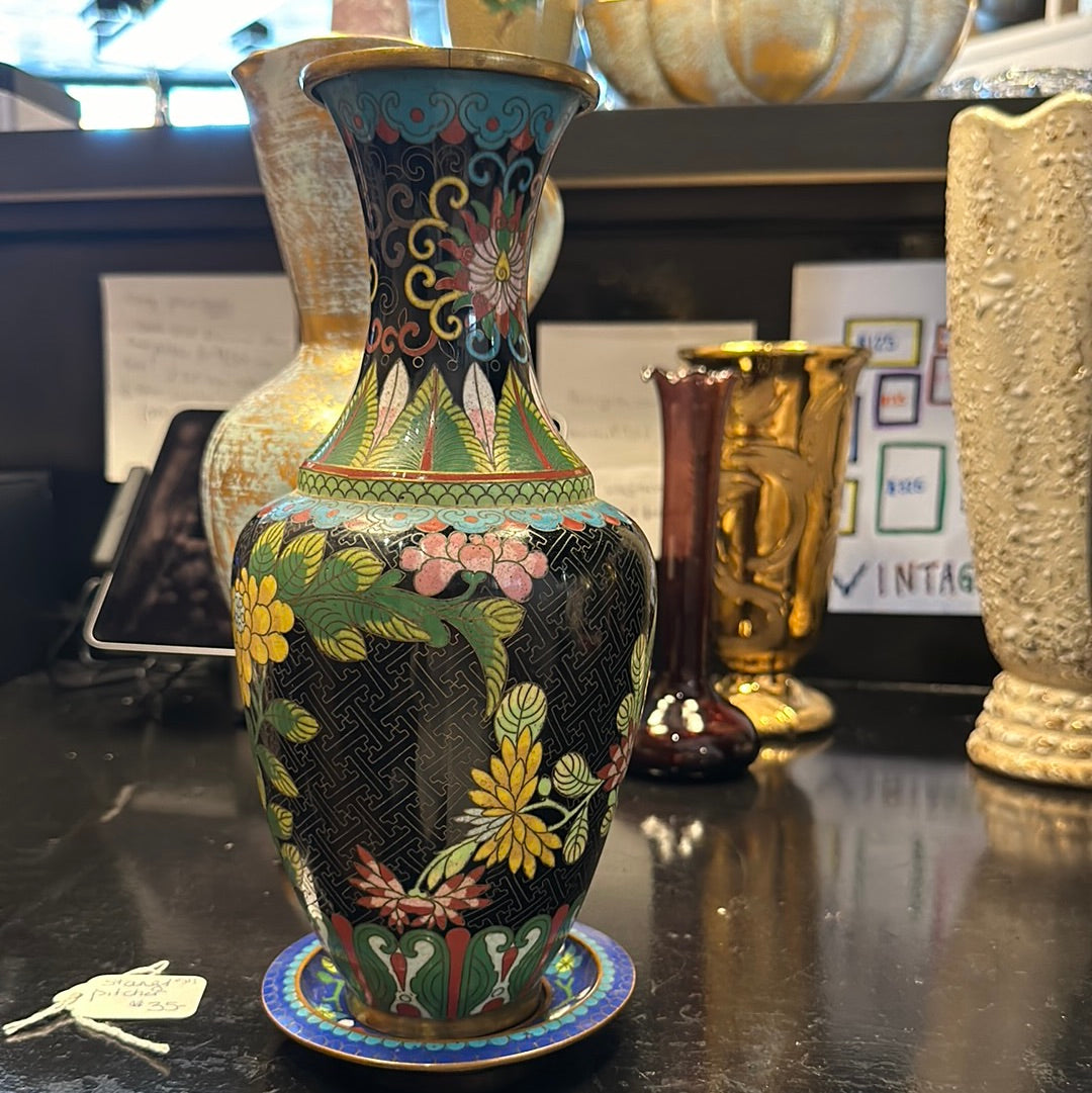 Black Cloissone Vase with Dish